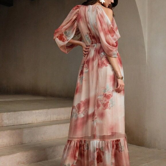 Multicolor Boho Women's Beach Style Silk Halter Neck Drop-Shoulder Floral Dress - Picture 5 of 7